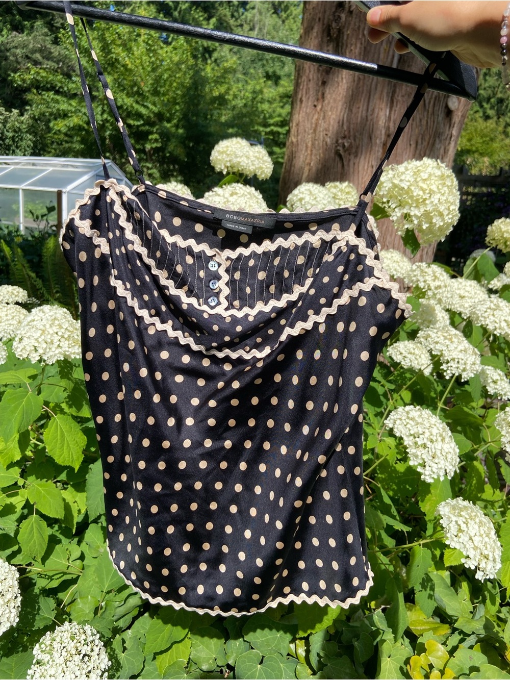 100% silk BCBG Cami Top with Beige Polka Dots